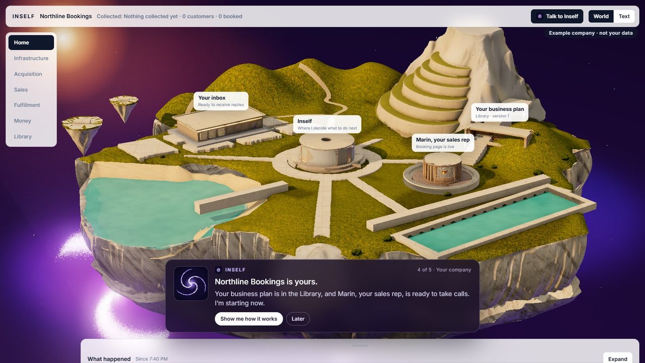 A new island with the inbox, Inself's hall, the sales rep and the business plan, and Inself saying: Northline Bookings is yours. I'm starting now.